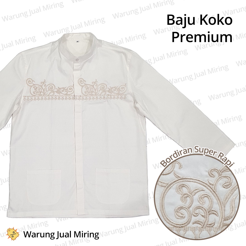 Baju Koko Premium LAWELL Lengan Panjang Motif Bordir Putih Tulang Kemeja Polos Moslem Wear Atasan Muslim Islam Lebaran Busana Pakaian Pria Laki Cowo Cowok Dewasa Formal Kurta Qurta Kerah Shanghai Kantung Kantong Kancing Jumbo Murah Sarung Peci