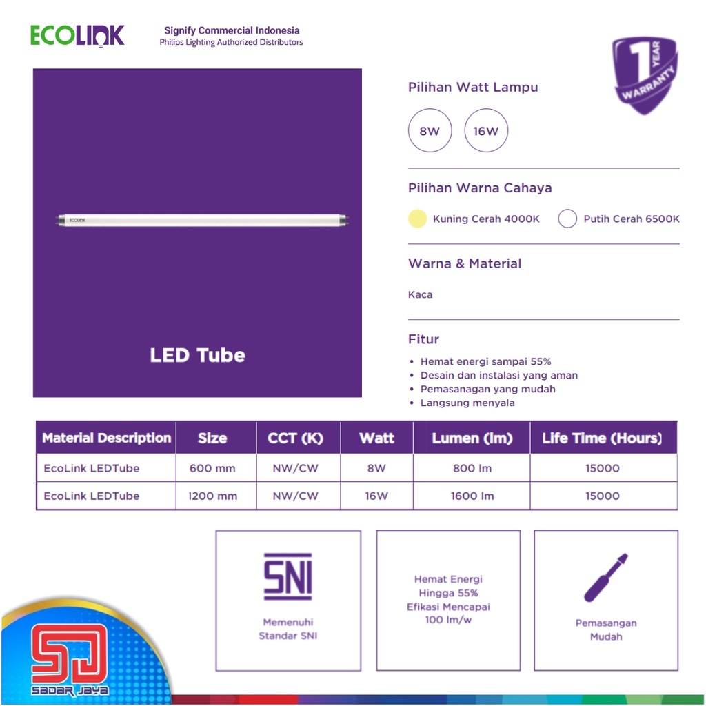 ECOLINK Lampu Neon 60cm 8W LED Tube 8Watt 8 Watt - 4000K Kuning Cerah