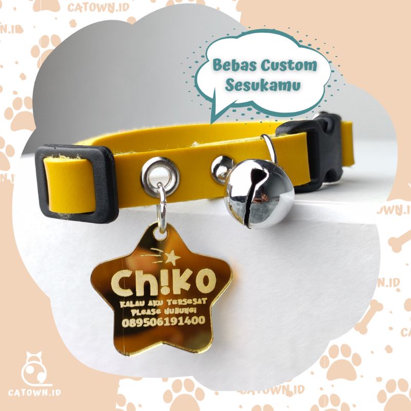 D009Mirror-Kalung Kucing Custom Nama Gratis Tulis Nama Tulisan Aksesoris Kucing Custom Cat Collar Lucu Tulis Ukir Cetak Identitas Pemilik Nomor HP Kalung Kucing Anti Hilang catown.id