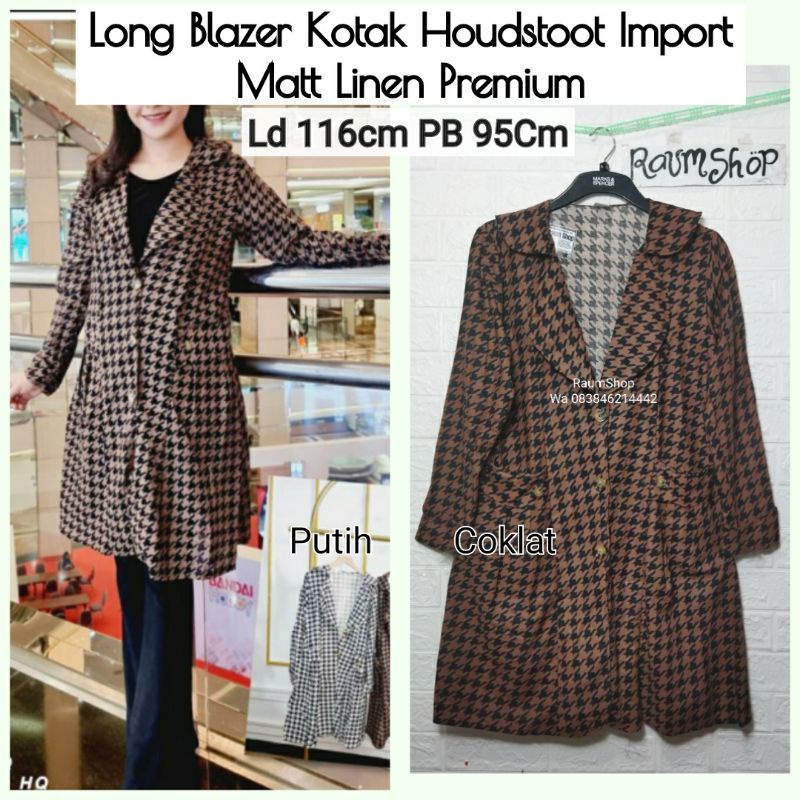 Long Blazer Wanita Kotak Houndstooth Hitam Putih Bahan Linen Import Ld 110Cm Ala EXTU Shella Saukia 