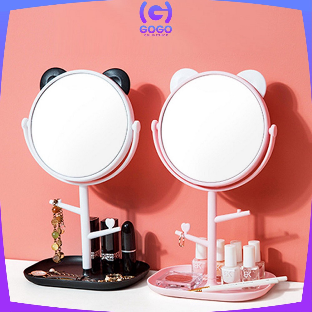 GOGO-K91 Cermin Motif Telinga Panda Serbaguna / Kaca Meja Rias Bulat Lucu / Standing Mirror Makeup Desktop Rotating Multifunction