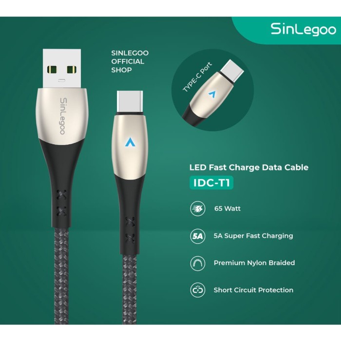 SinLegoo IDC-T1 Kabel Charger Fast Charging 65W 5A Type C Data Cable Flash Charger