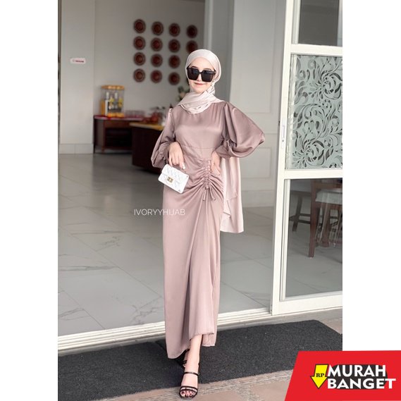 model gamis kombinasi polos terbaru 2022 Aileen Dress | Dress Satin Kondangan | Gamis Wanita Elegan 