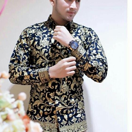 Kemeja Batik Pria Lengan Panjang Murah Baju Batik Cowok - Hitam Emas, M