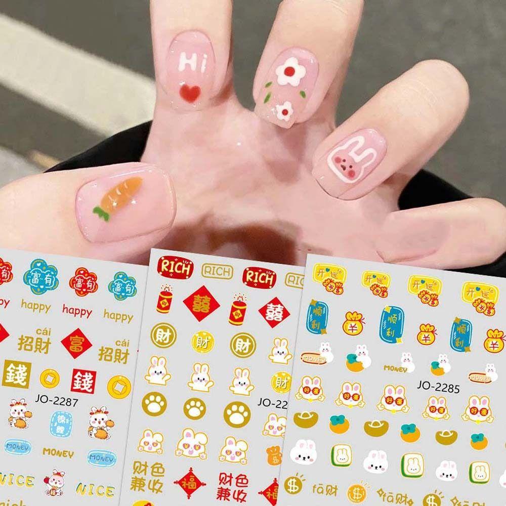 AUGUSTINA Stiker Kuku Imlek Agustina New Year Nail Art Self Adhesive Berkah Kata Kata Mahjong Manicure Aksesoris Karakter Cina Dekorasi Nail Art