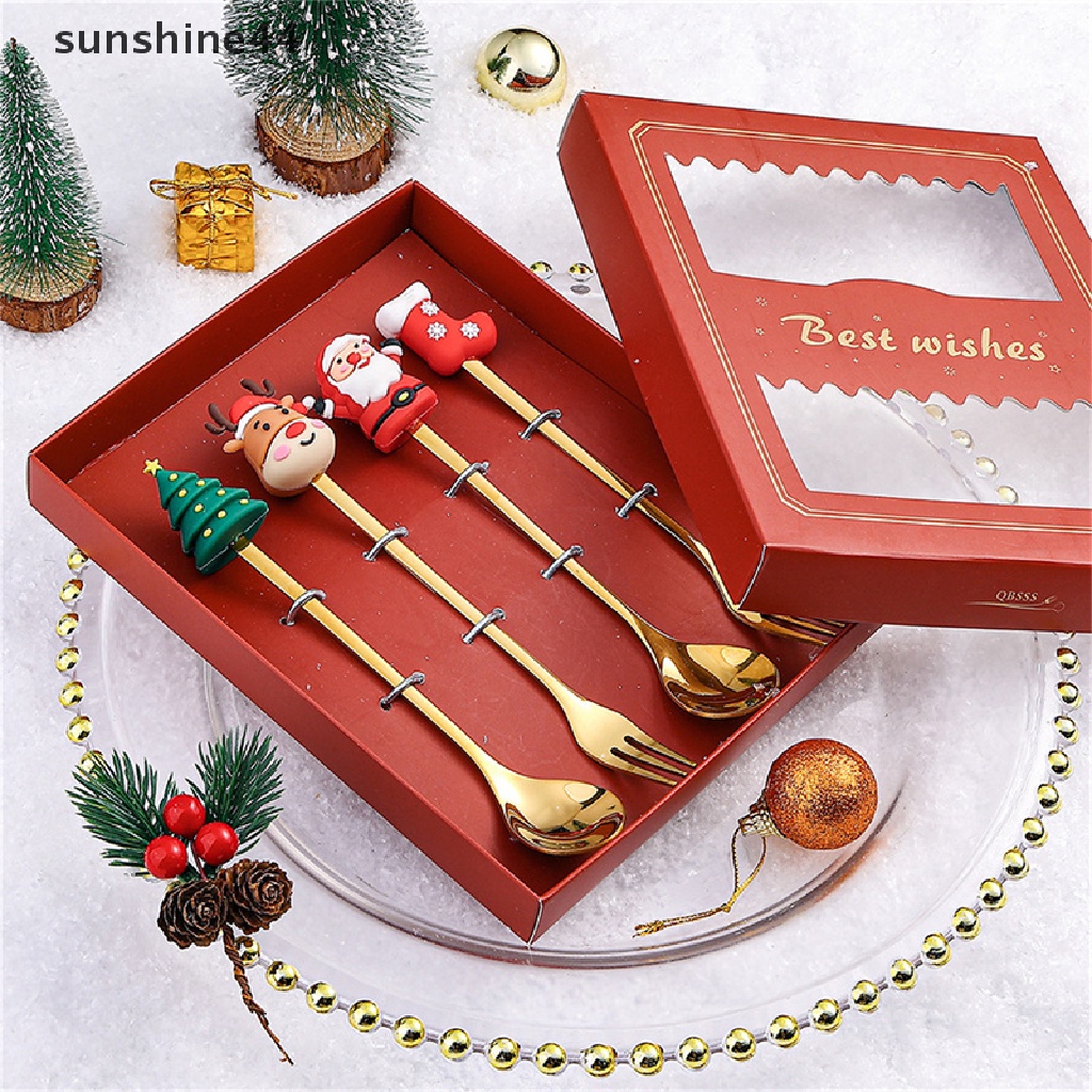 Sunshine Set Sendok + Garpu + Pisau Makan Bentuk Pohon Natal / Rusa Untuk Dekorasi / Hadiah