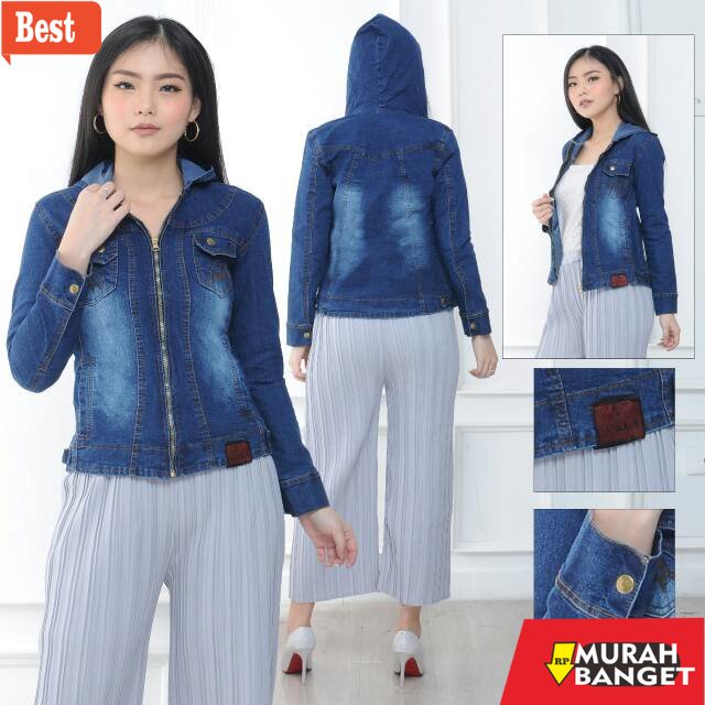 jaket wanita kekinian 2022 MC girl - Jaket Jeans Resleting Topi Wanita / Jaket Sleting Klupluk Cewek