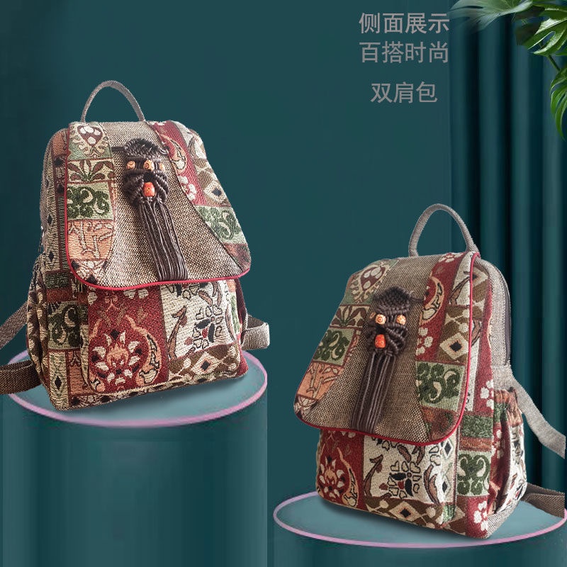 sera 2022 baru Yunnan asli gaya etnik ransel retro dicetak kanvas ransel tas kasual trendi berkapasitas besar