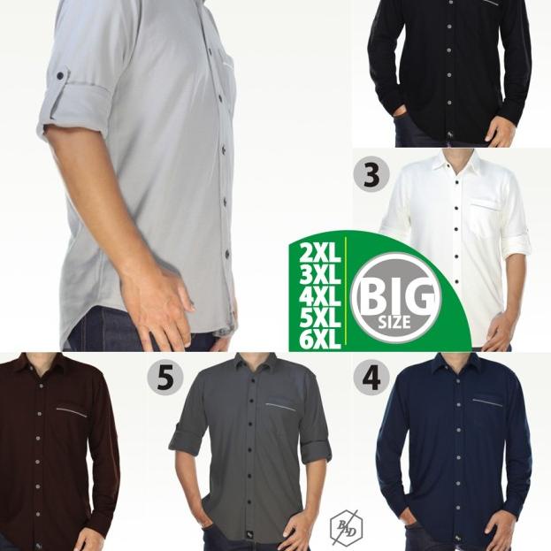 Kemeja Panjang Pria Big Size Jumbo Polo Hem Cowok Casual Katun Polos - Hitam, 2XL