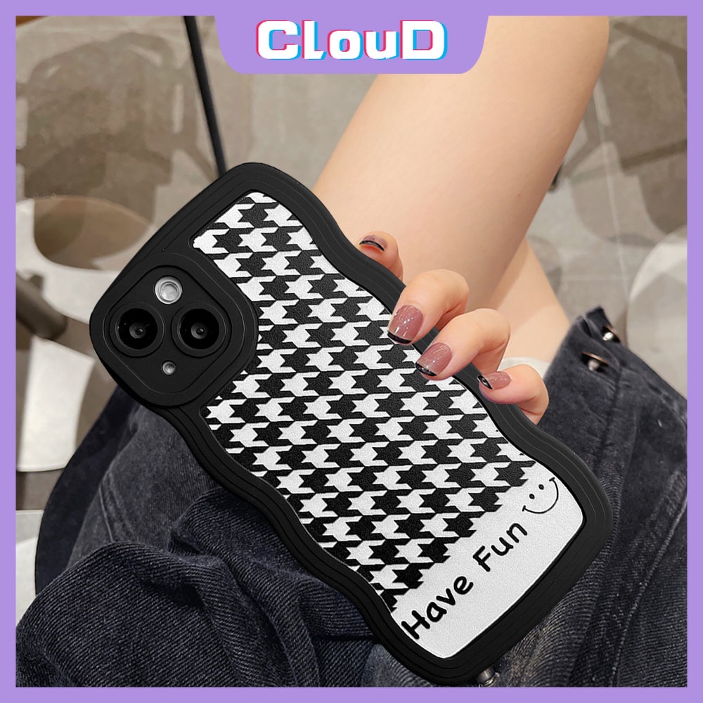 Casing Cute Smiley Soft Tpu Case Redmi Note11 11s 9pro 9s 10s 10 Note 11 10 Pro Max Plus Note8 Note9 Redmi A1 9 10 9T 10A 10C 9A 9C NFC Motif Houndstooth Wavy Edge Black Cover