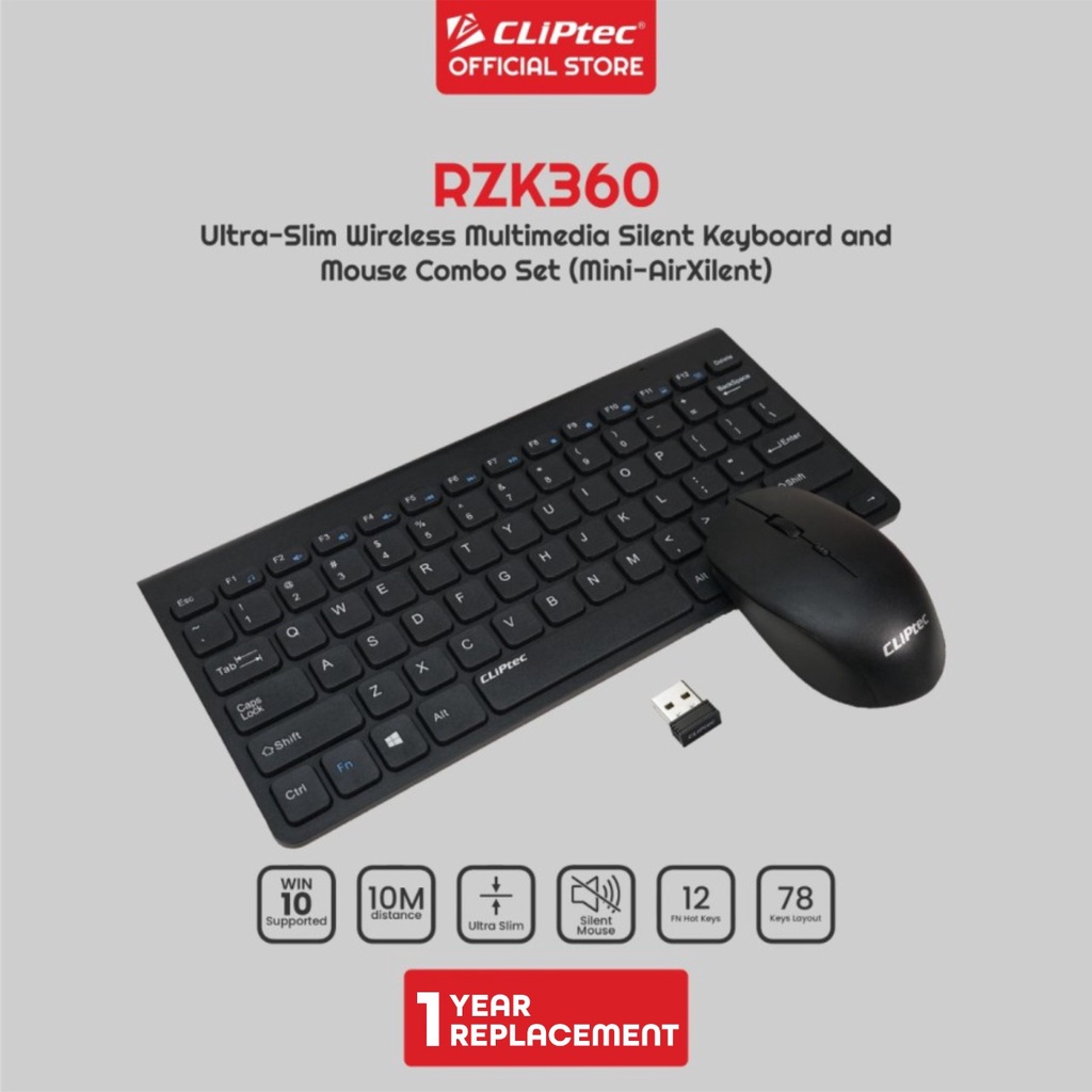 Keyboard Mouse CLIPtec RZK360 Wireless Silent Ultra Slim 1600DPI