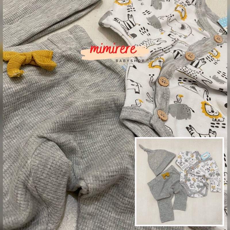 Catell Love Rib Baby Set Bibs Topi Jumper Pants Import | Setelan Panjang Bayi Jumper Celana Panjang Slabber Topi Kupluk