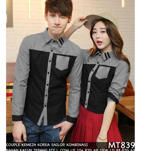 KEMEJA COUPLE/KEMEJA PASANGAN/BAJU COUPLE KOREA HEM SAILOR KOMBINASI - Hitam