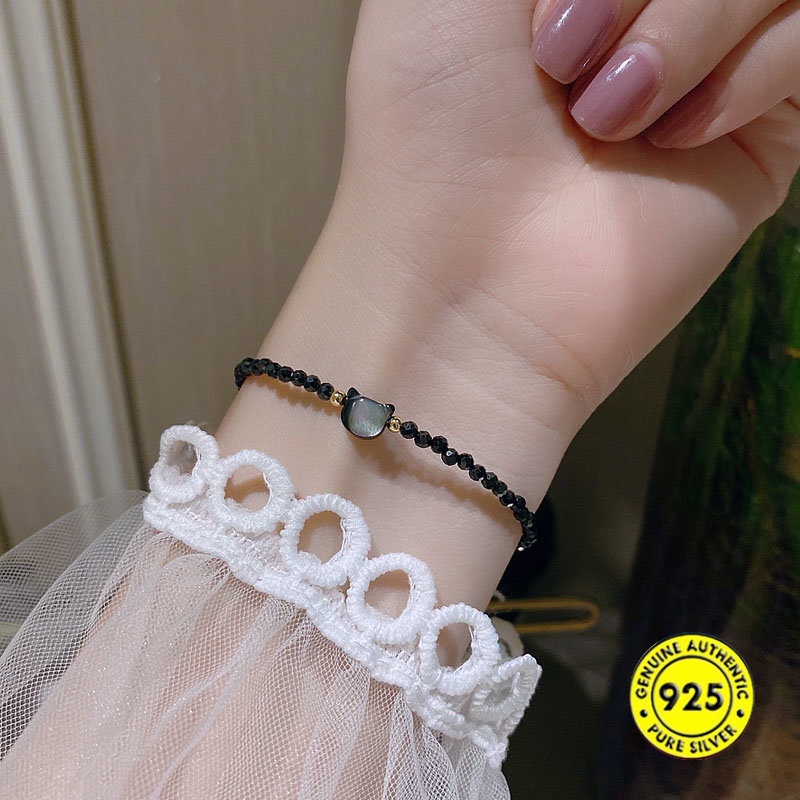 Gelang Tangan Rantai Adjustable Aksen Kucing Hitam + Kristal Untuk Wanita U1352