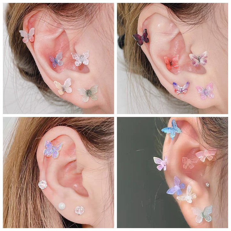 1 Pasang Anting Stud Tindik Tulang Rawan Bentuk Kupu-Kupu Hypoallergen Warna-Warni Bahan Resin