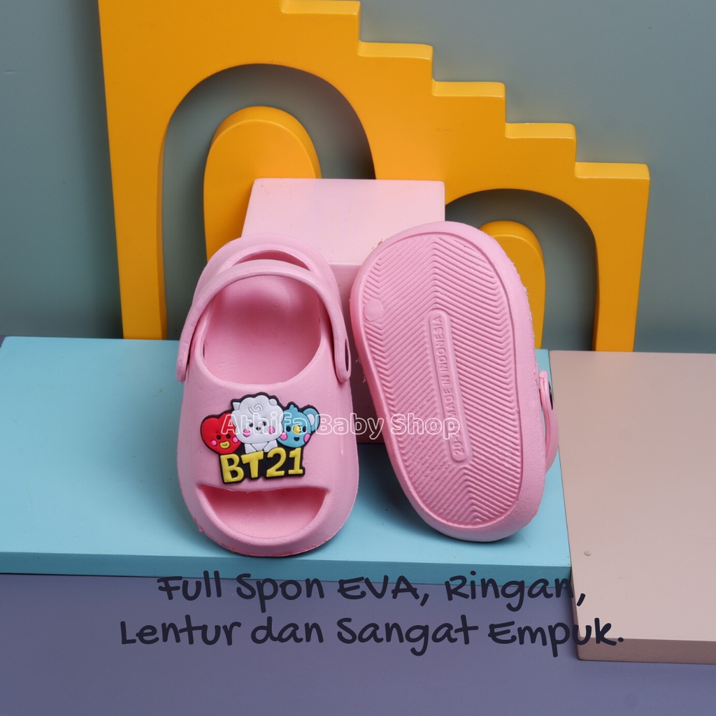 Sepatu Sandal Anak Perempuan Bayi Balita Usia 6 7 8 9 10 11 Bulan 1 2 3 Tahun Sendal Gunung Karakter Cewek Spon Prewalker Phylon Ringan -Asfer BT21-