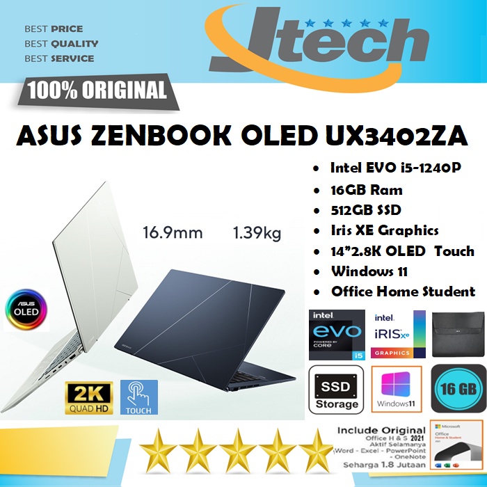 ASUS ZENBOOK 14 OLED UX3402ZA - i5-1240P - 16GB - 512GB SSD - 14”2.8K OLED TOUCH - WIN11 - OFFICE HOME STUDENT