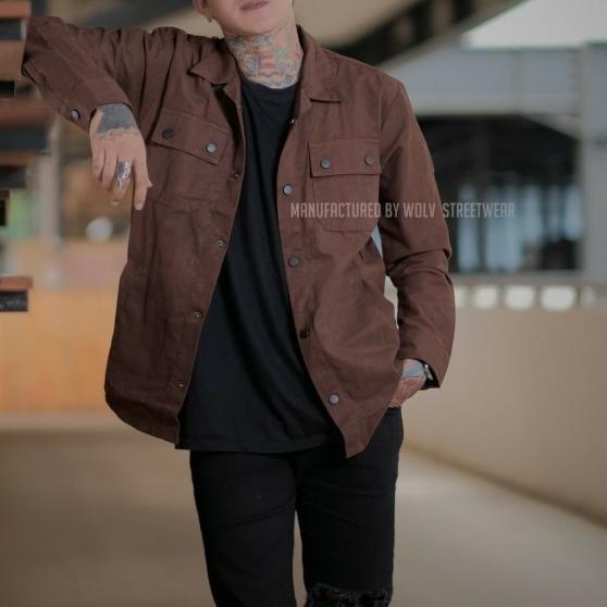 Jaket Trucker Kemeja Semi Parka Wolv Hitam Army Maroon Coklat Premium - Hijau, L