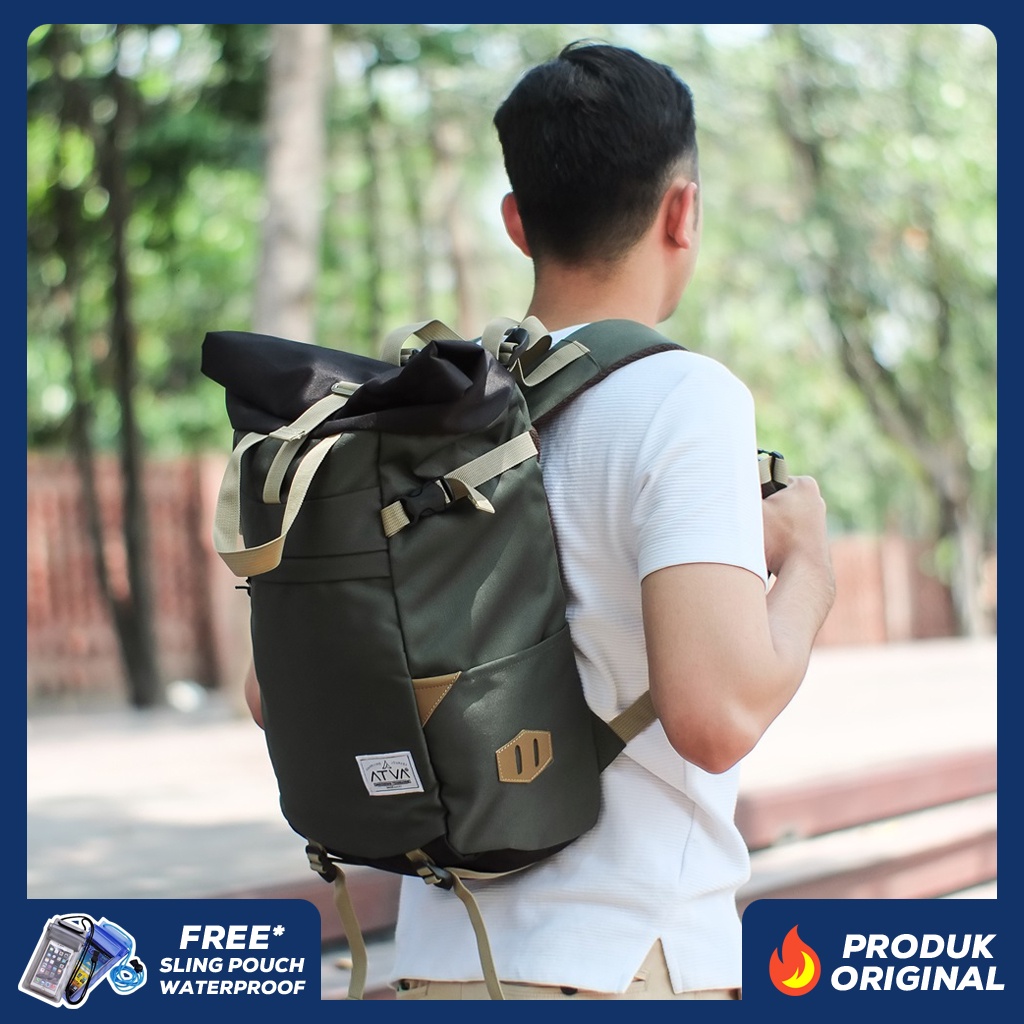 HARRIER OLIVE BLACK ORIGINAL x ATVA Ransel Casual Hijau Hitam Pria Wanita Daily Backpack Kuliah Kampus Kerja Kantor Sekolah SMA SMK Tas Punggung Laptop Ukuran Besar 14 Inch Rolltop Bagpack Distro Premium Roll Top Outdoor Travel Traveling Bag Keren Branded