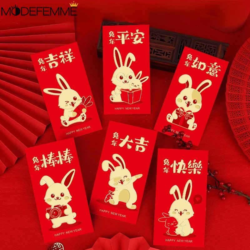 6 Pcs / Set 2023 Amplop Angpao Tahun Baru Cina / Imlek Motif Kartun Kelinci Warna Merah