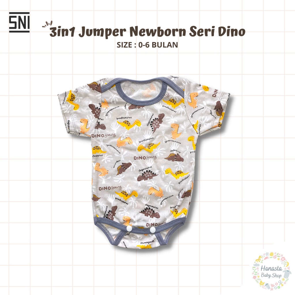 Jumper Bayi 3in1 Lengan Pendek Jumpsuit Newborn 0-6 Bulan Seri Dino