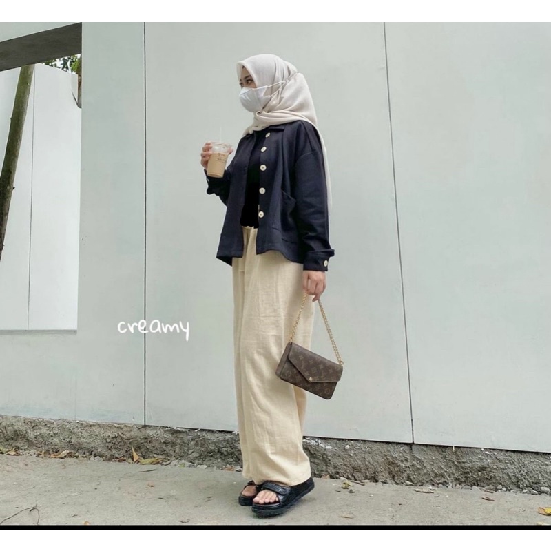 LOOSE PANTS TROUSERS (CREAM) CELANA ANTI KUSUT WANITA CELANA KULOT WANITA CELANA KANTOR FORMAL CELANA KERJA