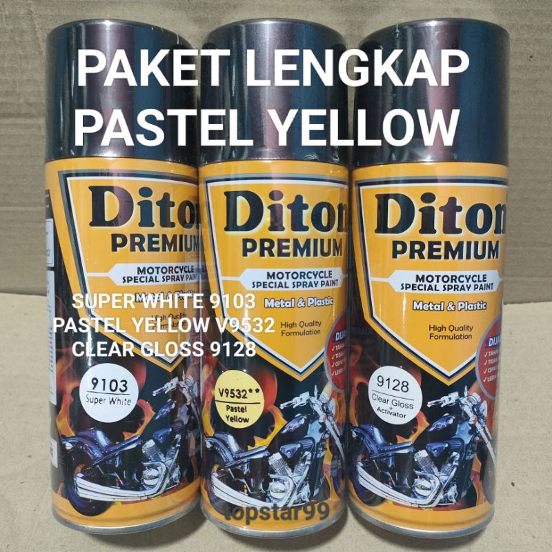 Pilok Cat Diton Premium Paket Lengkap 3 kaleng Pastel Yellow Kuning Pastel V9532 Super White 9103 Clear Gloss 9128 400cc Pilok Paketan Cat Semprot Special Spray Paint