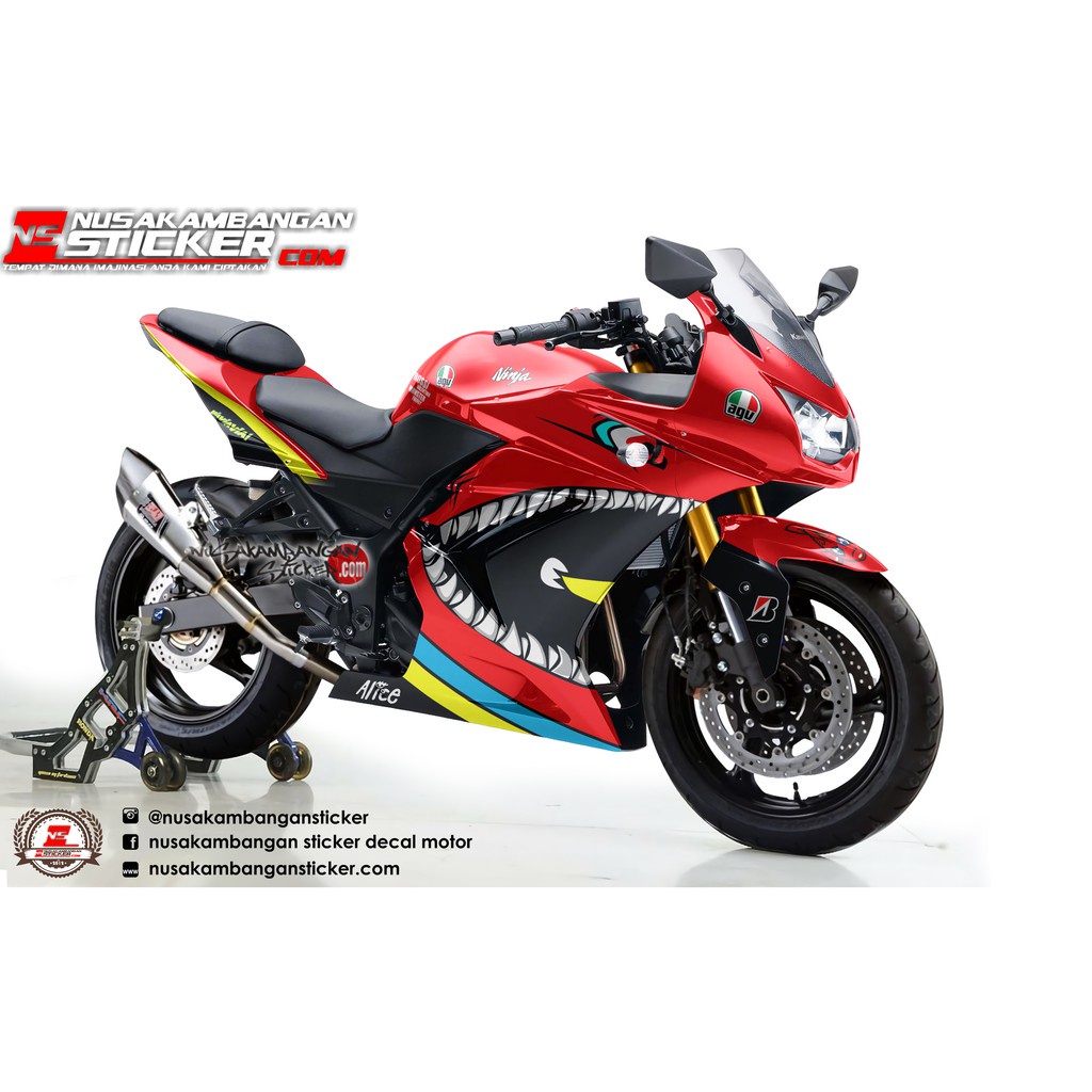 STIKER DECAL SEPEDA MOTOR KAWASAKI NINJA 250 KARBU FULL BODY SHARK MERAH GRAFIS RACING TEAM STICKER 