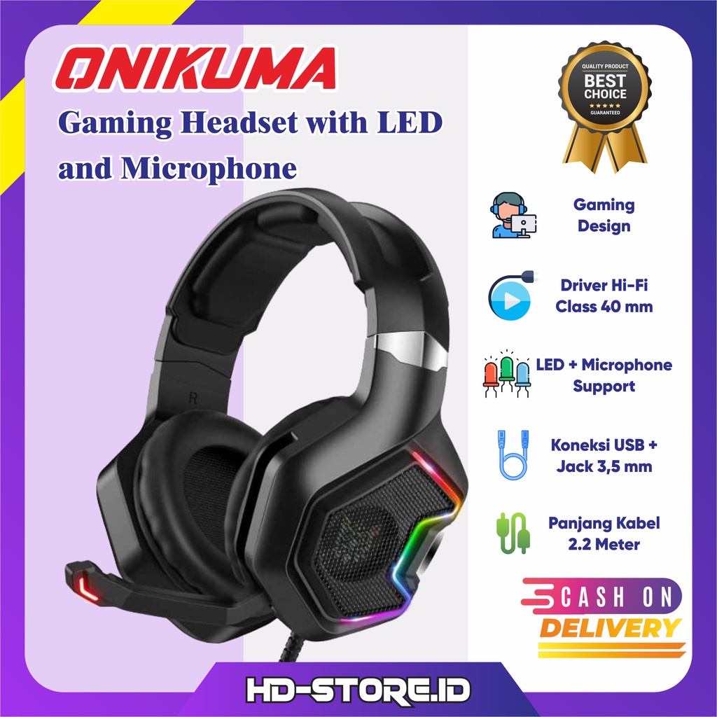 ONIKUMA Headset Gaming With Mic Headphone Hedset Game LED Support Wired Type USB + 3,5 mm Dengan Kab