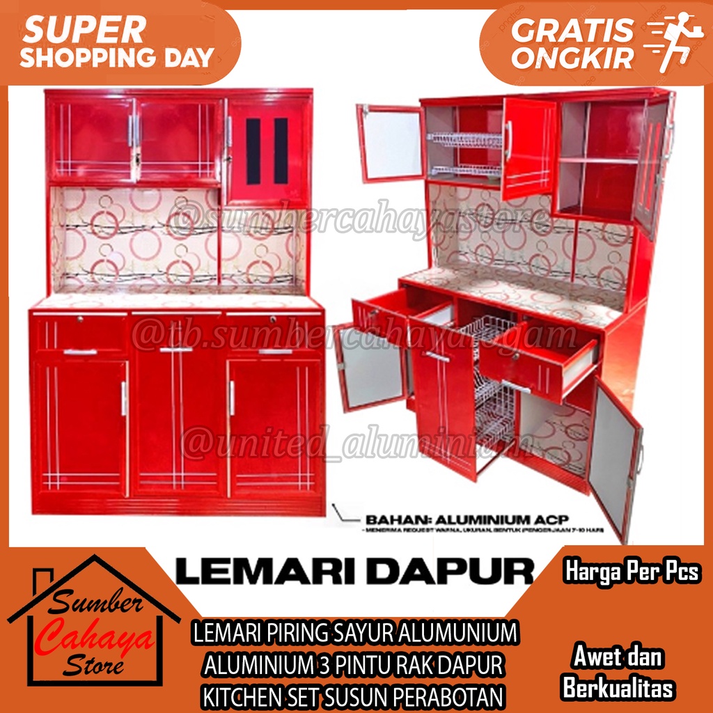 RAK PIRING ALUMUNIUM KITCHEN SET 3 PINTU LEMARI SUSUN PERABOTAN  DAPUR MANGKOK GELAS GARPU MURAH CAB