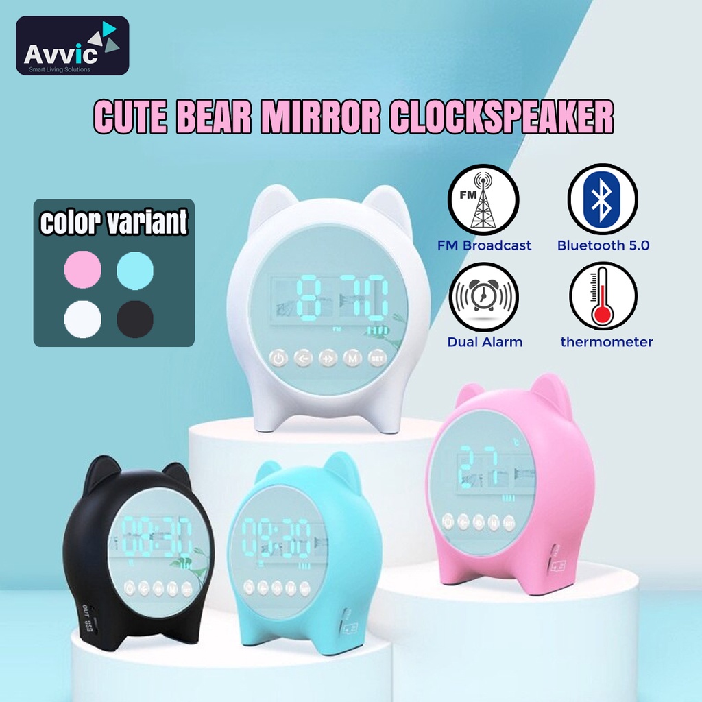 Speaker Bluetooth Jam Alarm Mirror Radio FM LED Display Clock Alarm Temperature USB TF Card Cute Bear