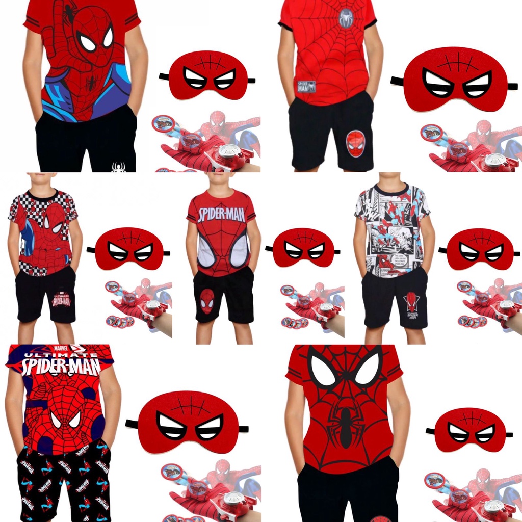 stelan pendek anak laki-laki baju spidermen lengkap dengan topeng dan mainan sarung tembak spaidermen