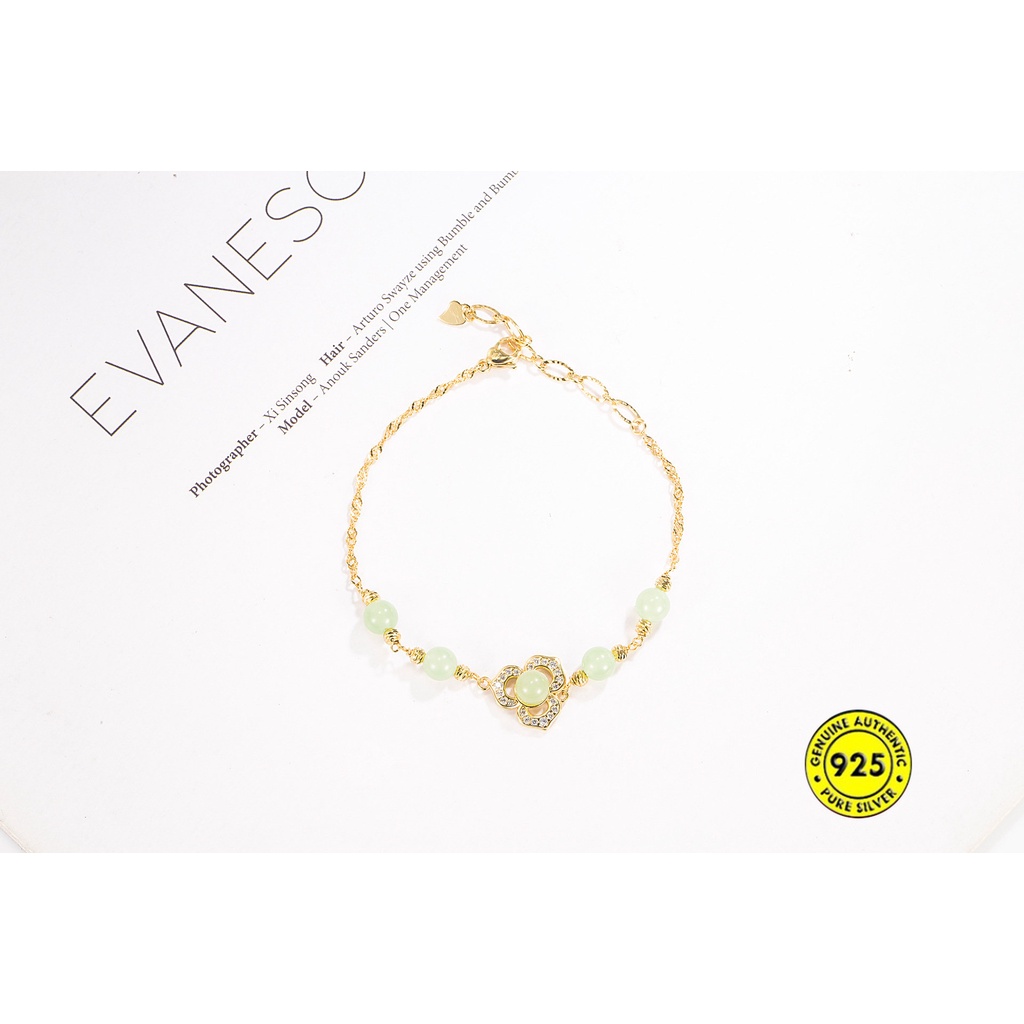 Gelang Tangan Manik-Manik Batu Jade Hetian Clover Hias Berlian Imitasi Untuk Wanita U1354