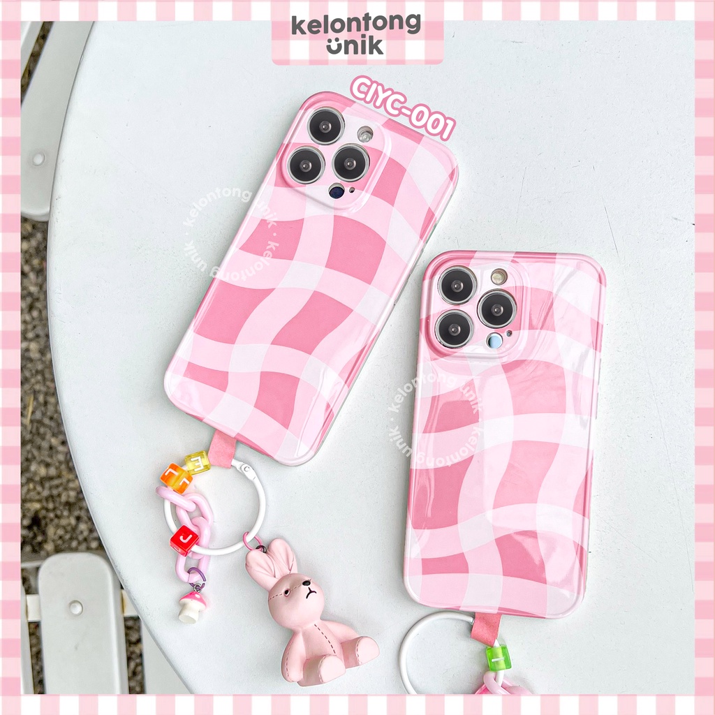 For iPhone - Fuzzy Checkered Glossy Case with Bunny Charm