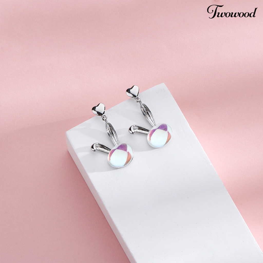 1 Pc Anting Stud Desain Kepala Kelinci Hati Batu Bulan Palsu Bahan Tembaga Anti Karat