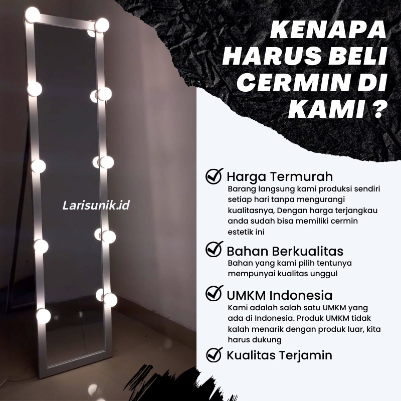 Mirror LED Cermin Standing Besar Lampu Vanity Lamp Dinding Gantung Aesthetic Besar Bingkai Kayu Lampu Bohlam Rias Dandan Make Mek Up Hias Untuk Penghias Kamar Tidur Room Decor Aesthetic  Kaca Miror Besar Berdiri Sebadan Full Body Gede OOTD Mirror