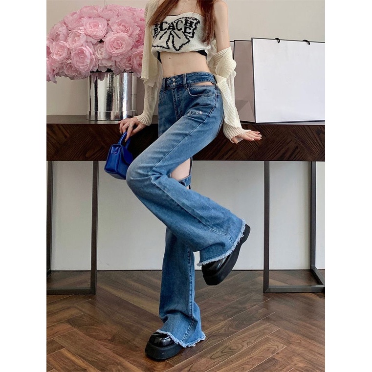 Suhao blue raw edge hollow jeans women s autumn slim slim trousers high waist mopping micro flared pants ins tide