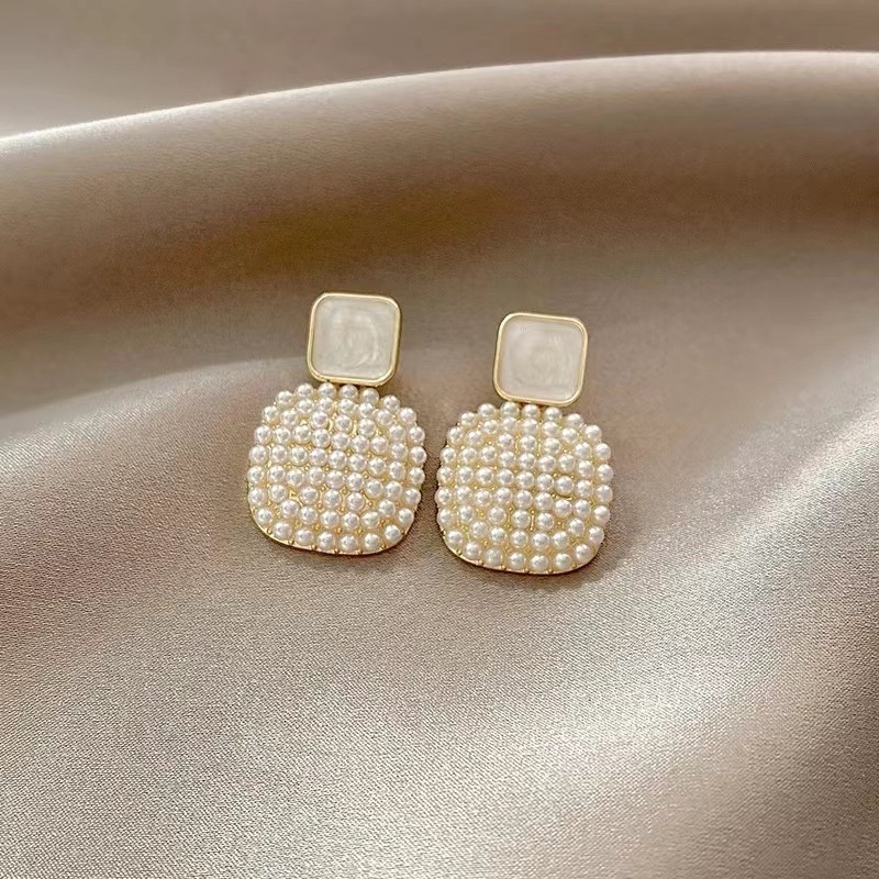 Anting Mutiara Bentuk Kotak Geometris Gaya Korea