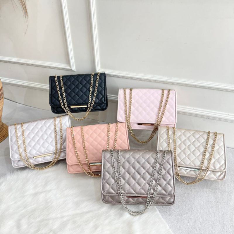 PROMO Tas ck selempang bahu rantai pink hitam putih pearl pewter gold pink