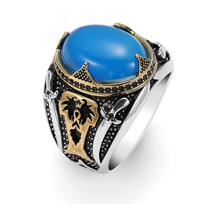 Cincin Batu Biru Desain Pedang Ganda Gaya Klasik Untuk Pria