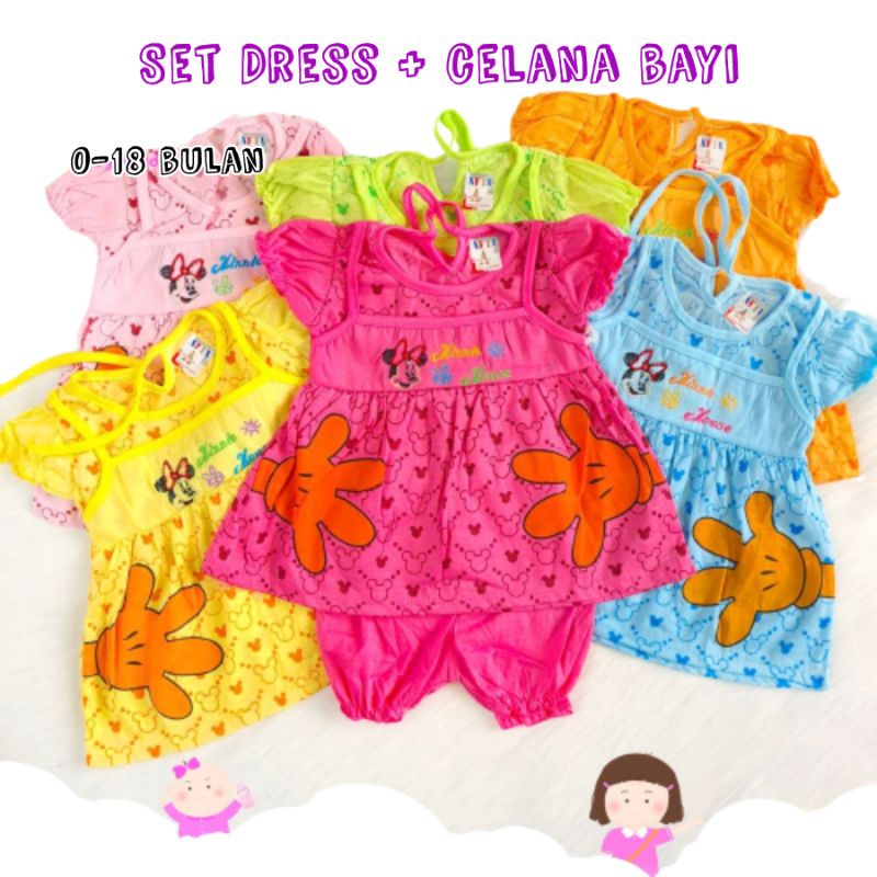 Setelan dress bayi 0-18 bulan free celana /set dress bayi murah / setelan bayi murah