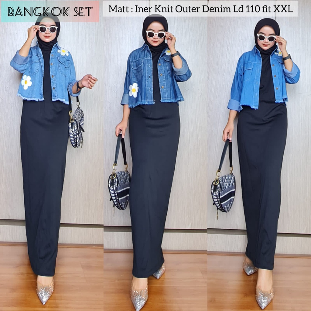 BANGKOK KNIT SET 2IN1 - INER ANYA KNIT RAJUT OUTER JEANS BORDIR BUNGA