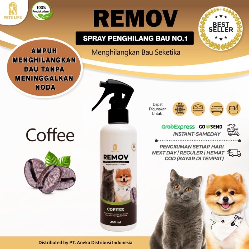 Remov the best no 1 spray anti bacterial penghilang bau pesing dan kotoran kandang kucing anjing 250ml