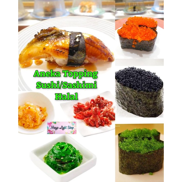 Tobiko chuka sushi unagi kabayaki sashimi chuka wakame idako kurage ubur ubur baby octopus roe telur ikan frozen caviar flying fish tobiko orange hitam hijau wasabi halal topping bahan sushi sashimi