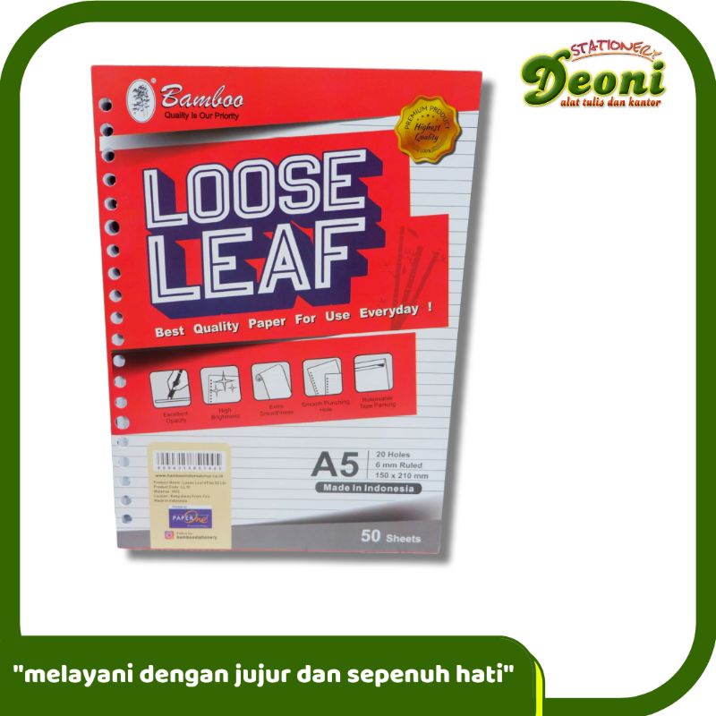 

BAMBOO A5 Loose Leaf / Isi Kertas File / Binder / 50 Lembar