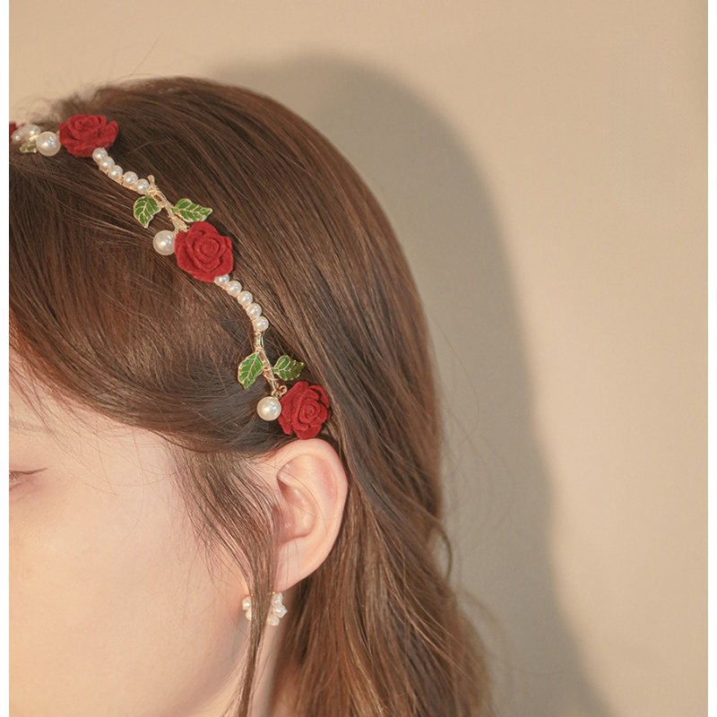 Bando Desain Bunga Mawar Daun Hijau Aksen Mutiara Gaya China