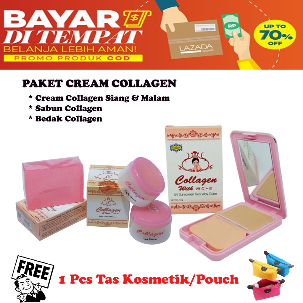 PAKET HEMAT COLLAGEN / Paket Cream Collagen Siang Malam Sabun Collagen Wajah dan Bedak Collagen Pada