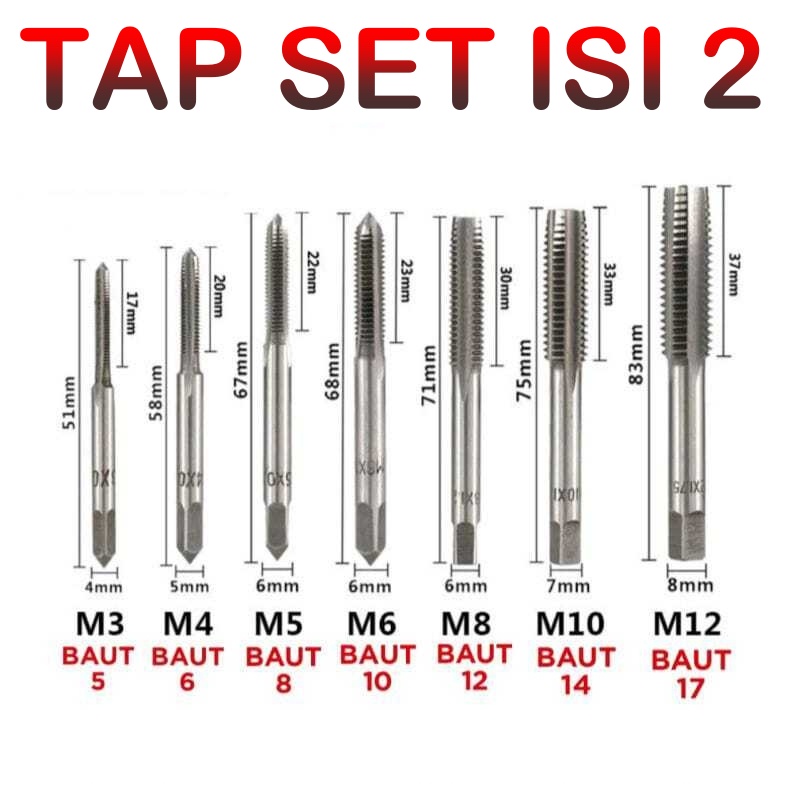 Hand Tap Set Pembuat Ulir Sekrup Mata Bor Set Isi 2 Pcs &amp; Gagang Tap