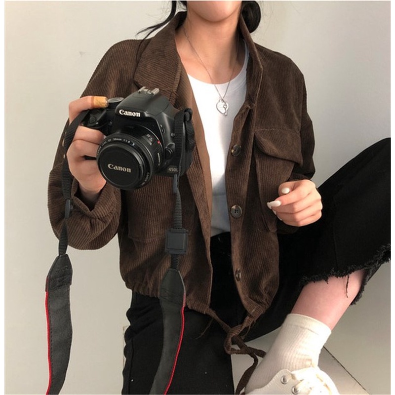 Jaket Crop Corduroy Wanita Korean Style  kolor Lengan Panjang Jacket Hitam