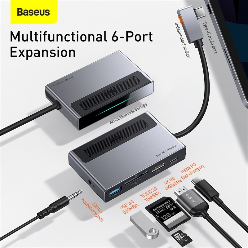 Baseus Original Magic Multifunctional 6 in 1 HUB Type C to 4K HDMI 100W USB 3.0 Jack Audio 3.5mm TF SD Tipe C Ori Fast Charging Adapter Adaptor